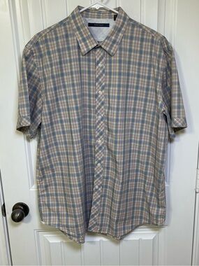 Perry Ellis Men's XXL Short Sleeve Button Up Shirt Plaid Blue Yellow 100% Cotton